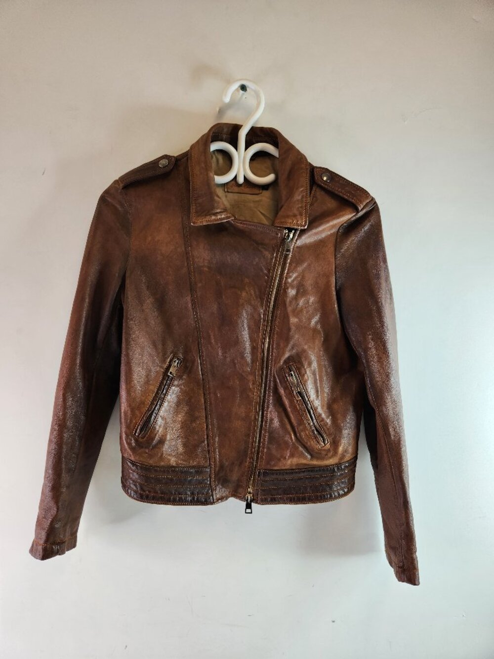 Black Chalk Brown Leather Womens Moto Jacket Size 42 Asymmetrical Zip